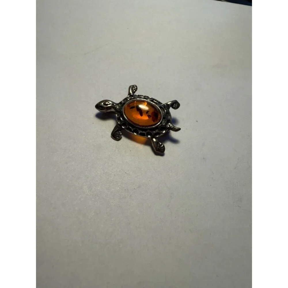 Amber Sterling Silver 925 TURTLE Brooch Pin